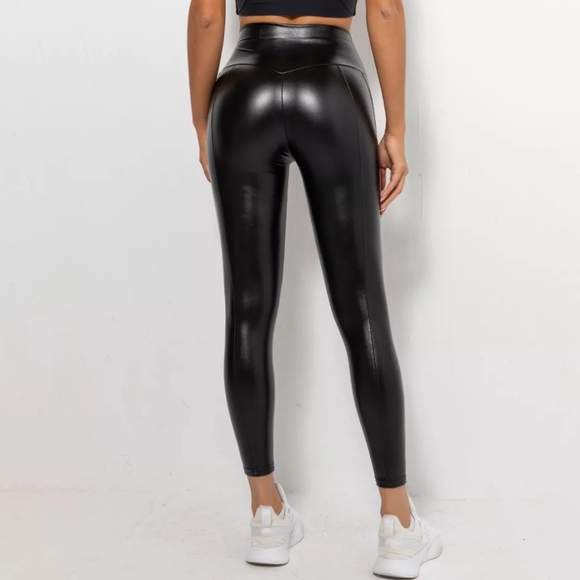 High Waist Slick Faux Leather Leggings - Picture 4 of 15
